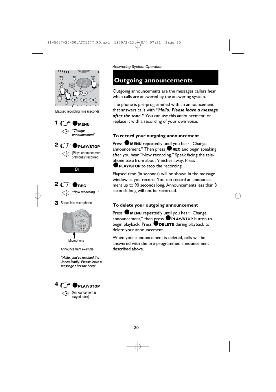 Outgoing announcements, To record your outgoing announcement, To delete your outgoing announcement | AT&T 1477 User Manual | Page 32 / 51