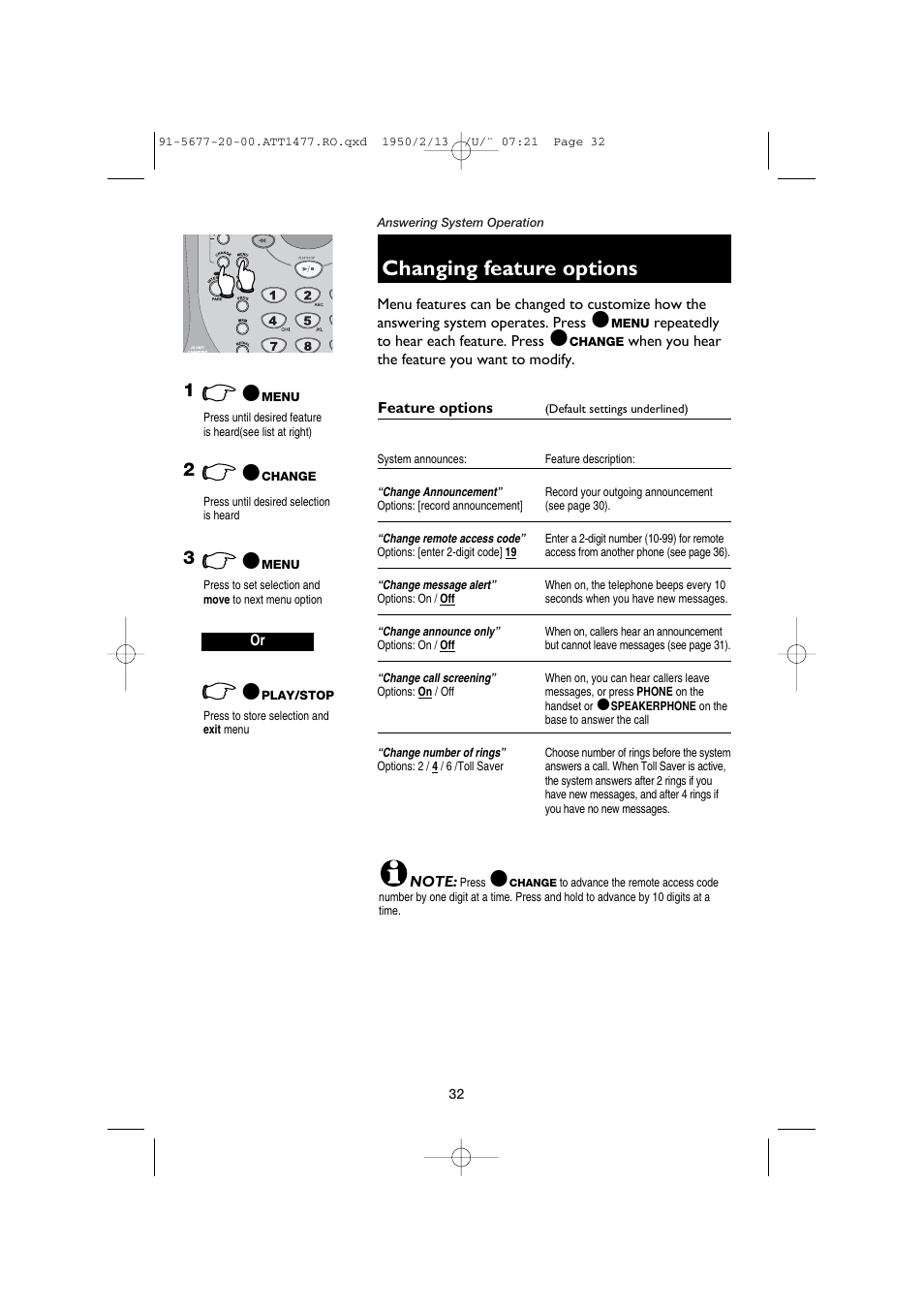 Changing feature options, Feature options, Change announcement | Change remote access code, Change message alert, Change announce only, Change call screening, Change number of rings | AT&T 1477 User Manual | Page 34 / 51