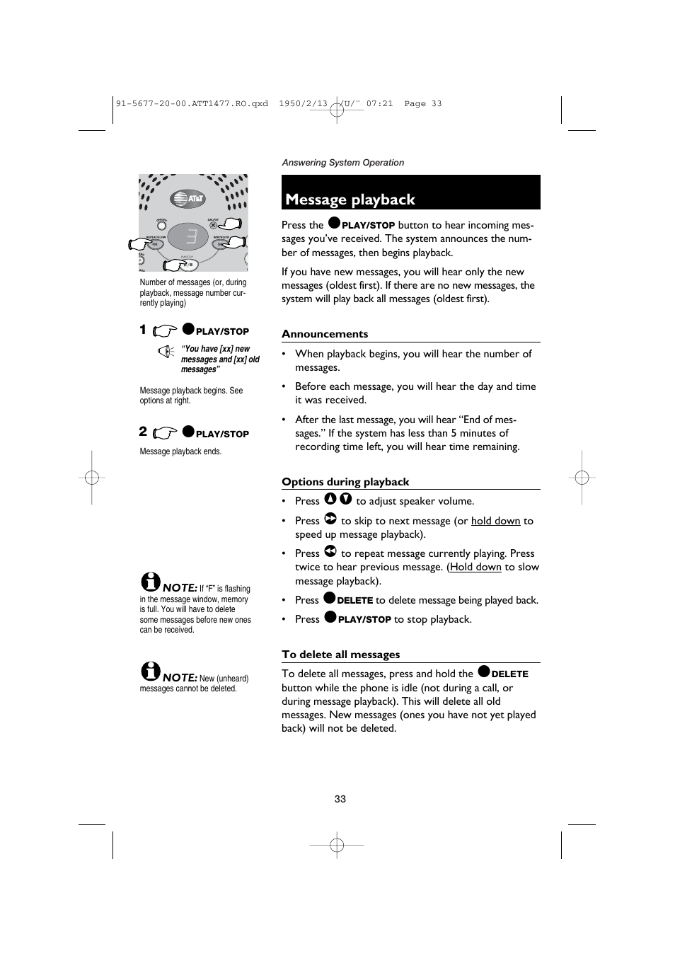 Message playback, Announcements, Options during playback | To delete all messages | AT&T 1477 User Manual | Page 35 / 51