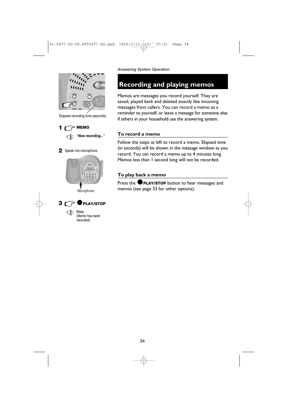 Recording and playing memos, To record a memo, To play back a memo | AT&T 1477 User Manual | Page 36 / 51