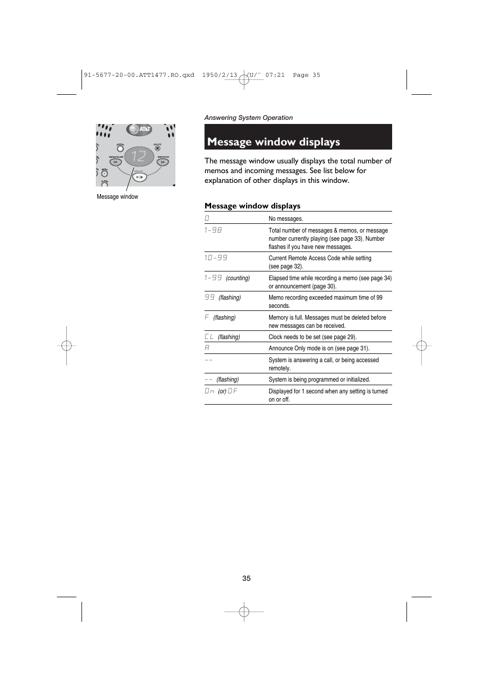 Message window displays | AT&T 1477 User Manual | Page 37 / 51