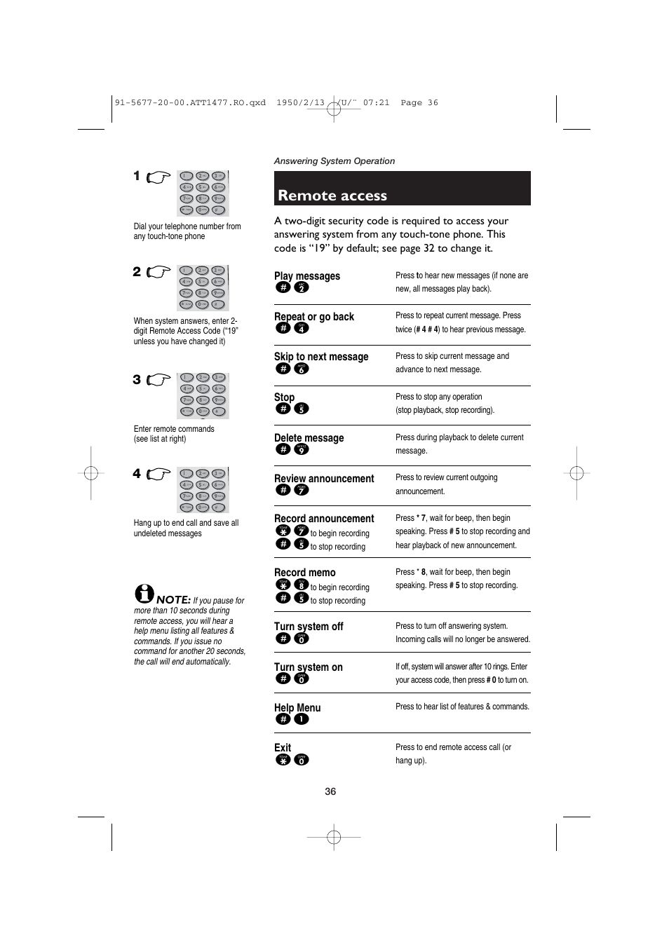 Remote access, Play messages, Repeat or go back | Skip to next message, Stop, Delete message, Review announcement, Record announcement, Record memo, Turn system off | AT&T 1477 User Manual | Page 38 / 51