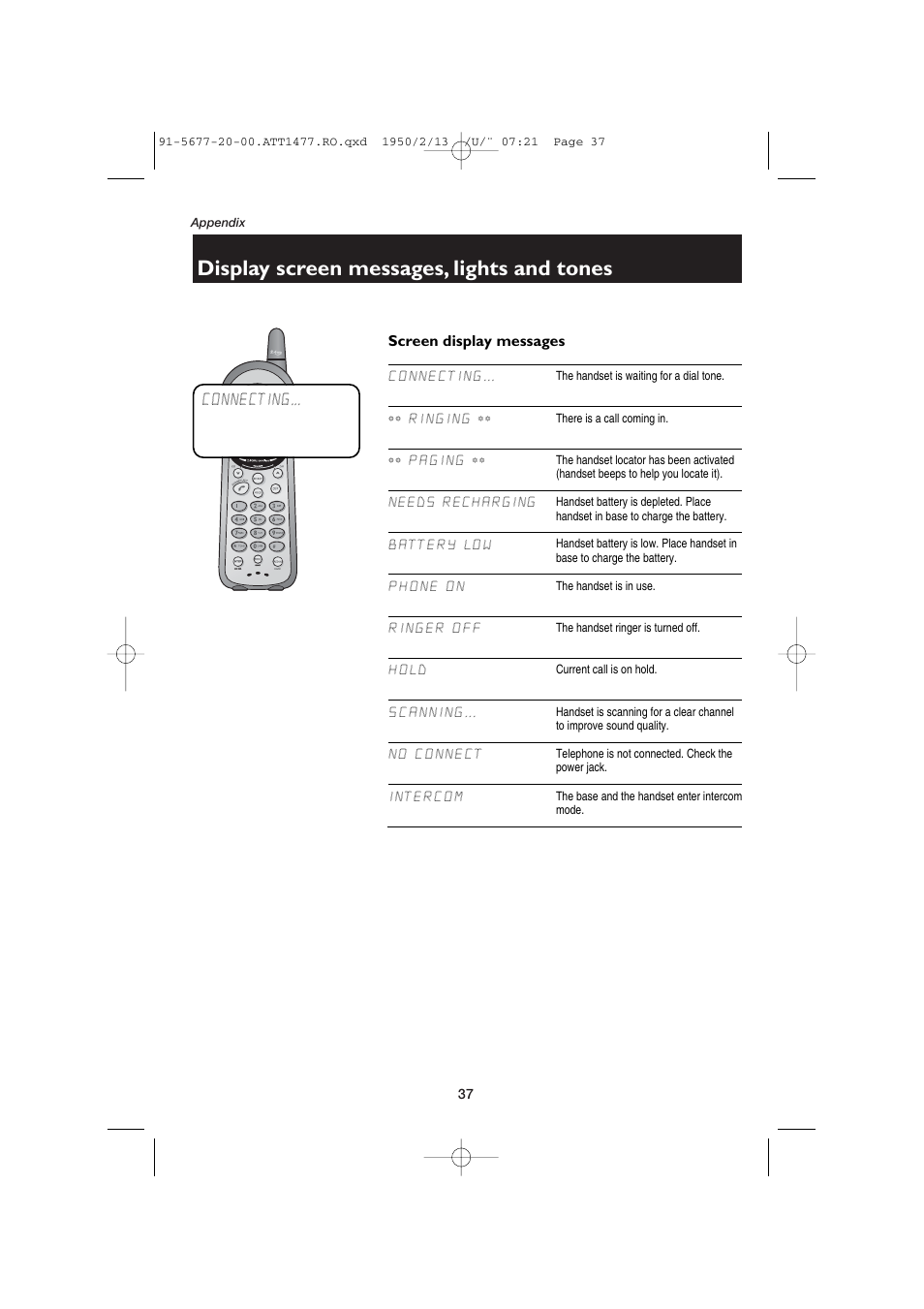 Appendix, Display screen messages, lights and tones, Screen display messages | Connecting, Ringing, Paging, Needs recharging, Battery low, Phone on, Ringer off | AT&T 1477 User Manual | Page 39 / 51