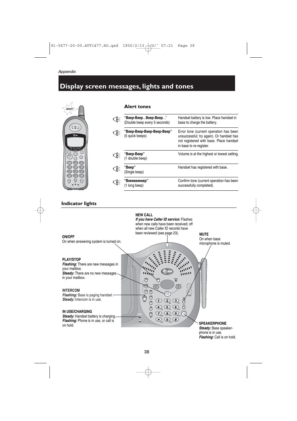 Alert tones, Double beep every 5 seconds), 5 quick beeps) | 1 double beep), Single beep), 1 long beep), Indicator lights, On/off, Play/stop, Ntercom | AT&T 1477 User Manual | Page 40 / 51
