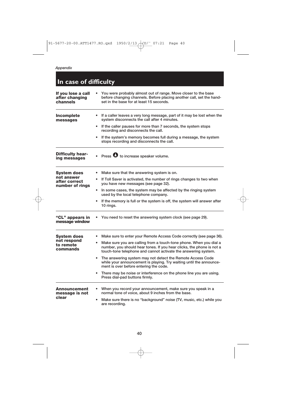 If you lose a call after changing channels, Incomplete messages, Difficulty hearing messages | Cl” appears in message window, System does not respond to remote commands, Announcement message is not clear | AT&T 1477 User Manual | Page 42 / 51