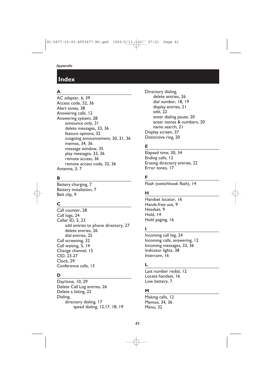 Index | AT&T 1477 User Manual | Page 43 / 51