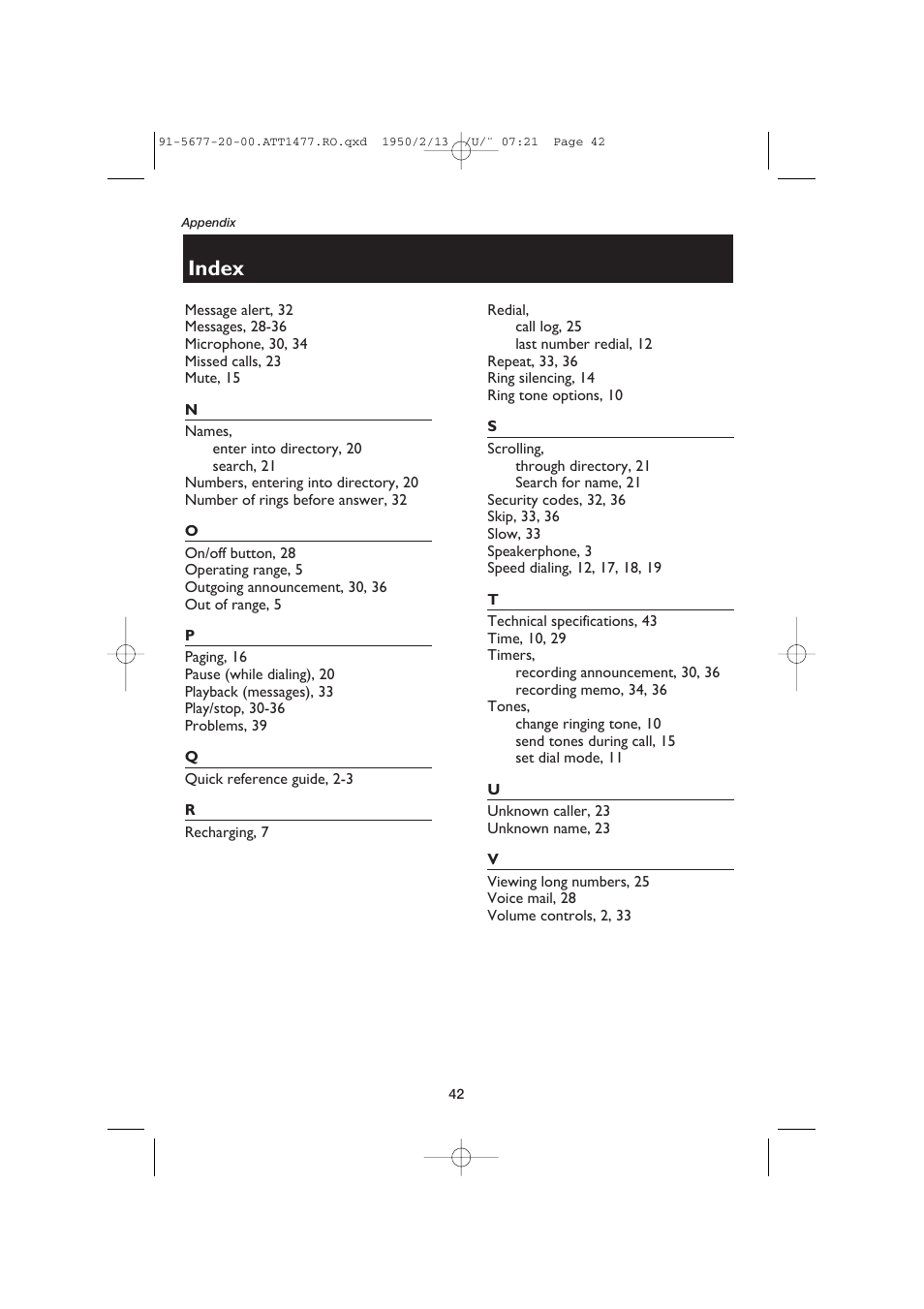 Index | AT&T 1477 User Manual | Page 44 / 51
