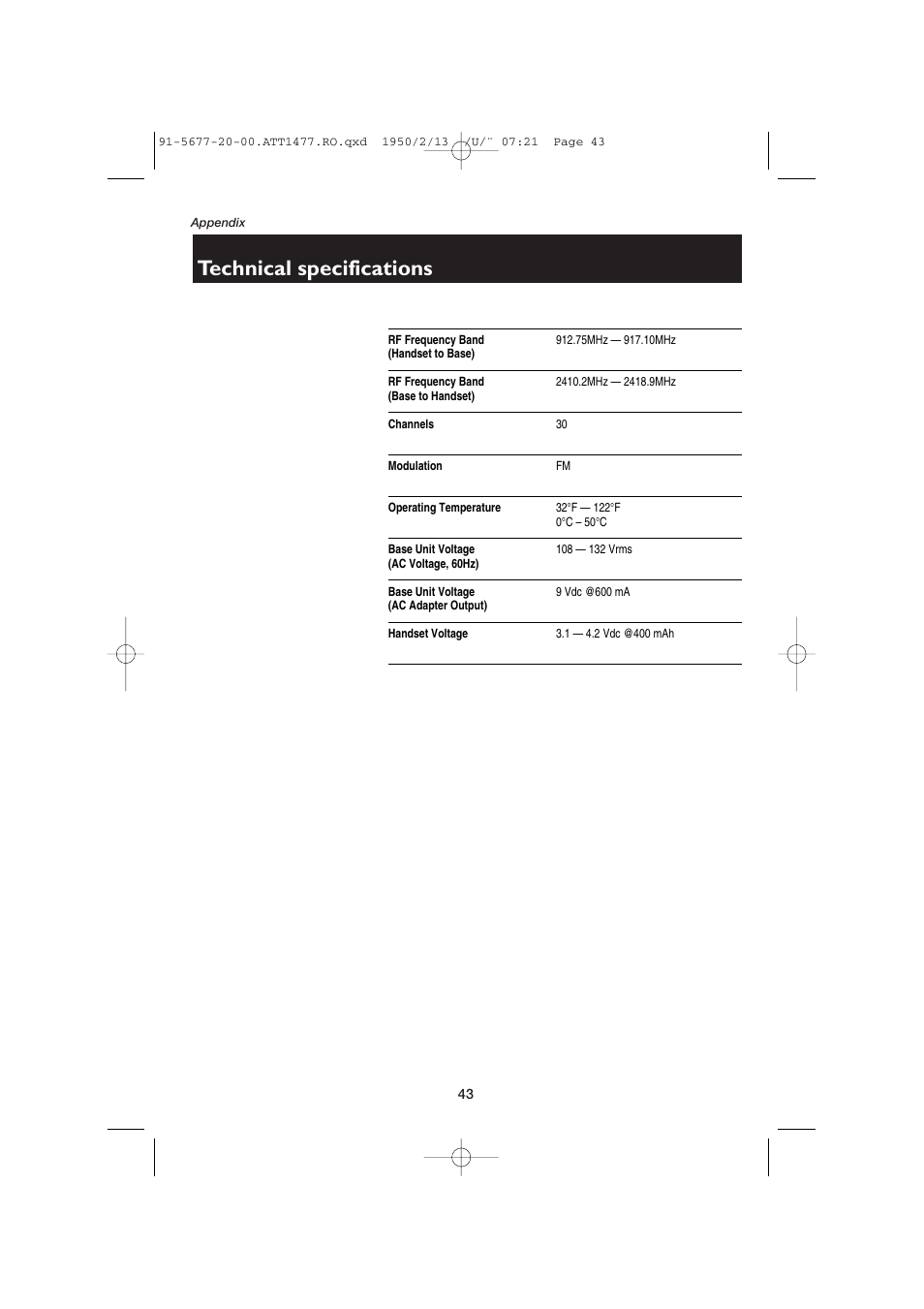 Technical specifications | AT&T 1477 User Manual | Page 45 / 51