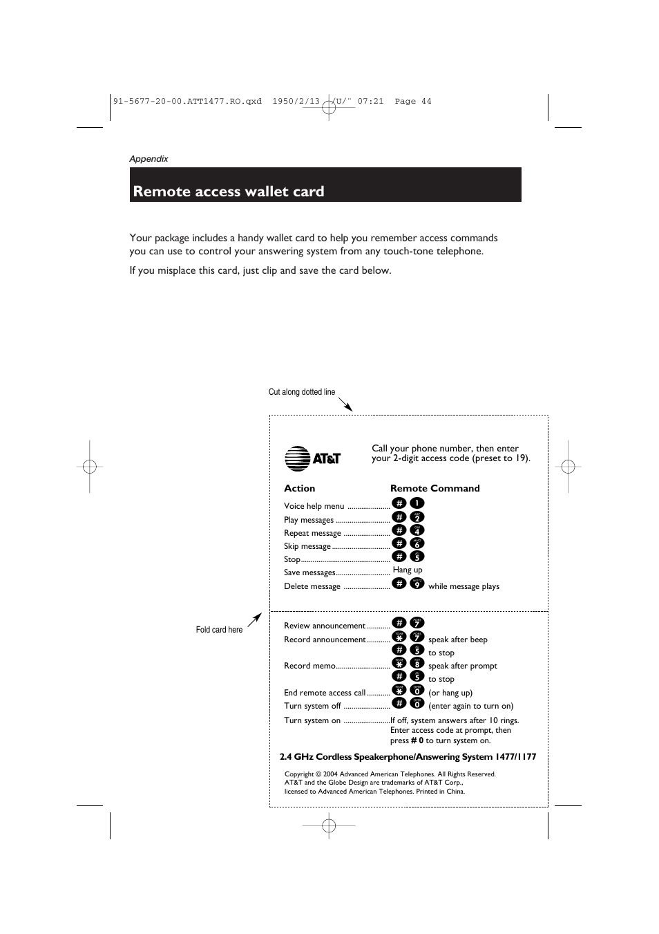 Remote access wallet card | AT&T 1477 User Manual | Page 46 / 51