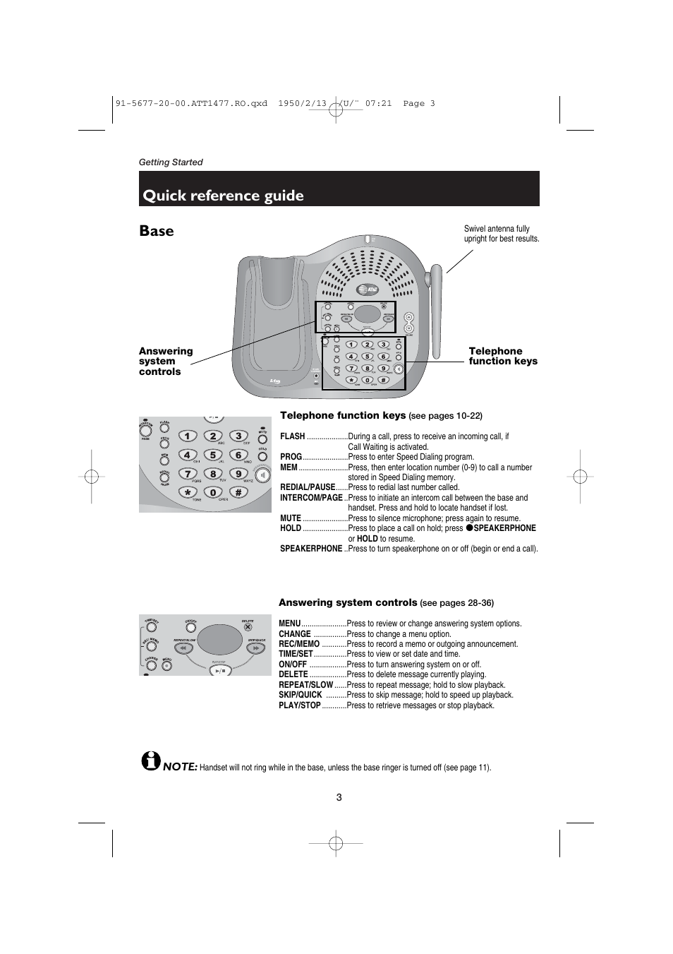 Base, Answering system controls, Telephone function keys | Quick reference guide | AT&T 1477 User Manual | Page 5 / 51