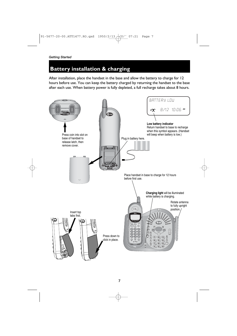 Battery installation & charging | AT&T 1477 User Manual | Page 9 / 51