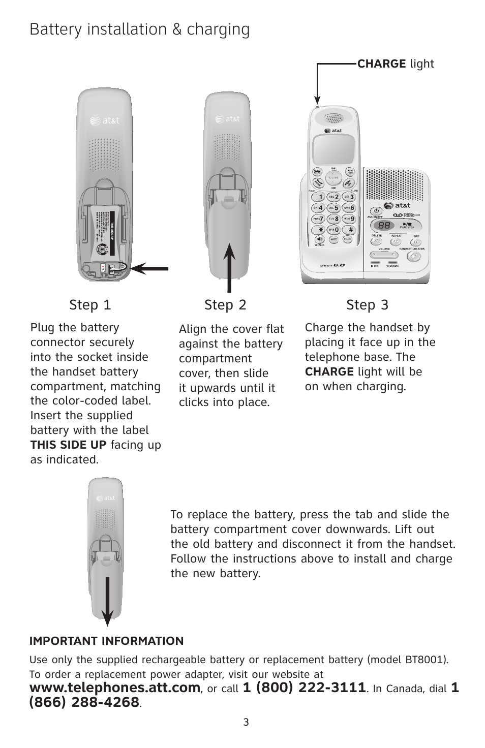 Battery installation & charging | AT&T EL52109 User Manual | Page 4 / 8