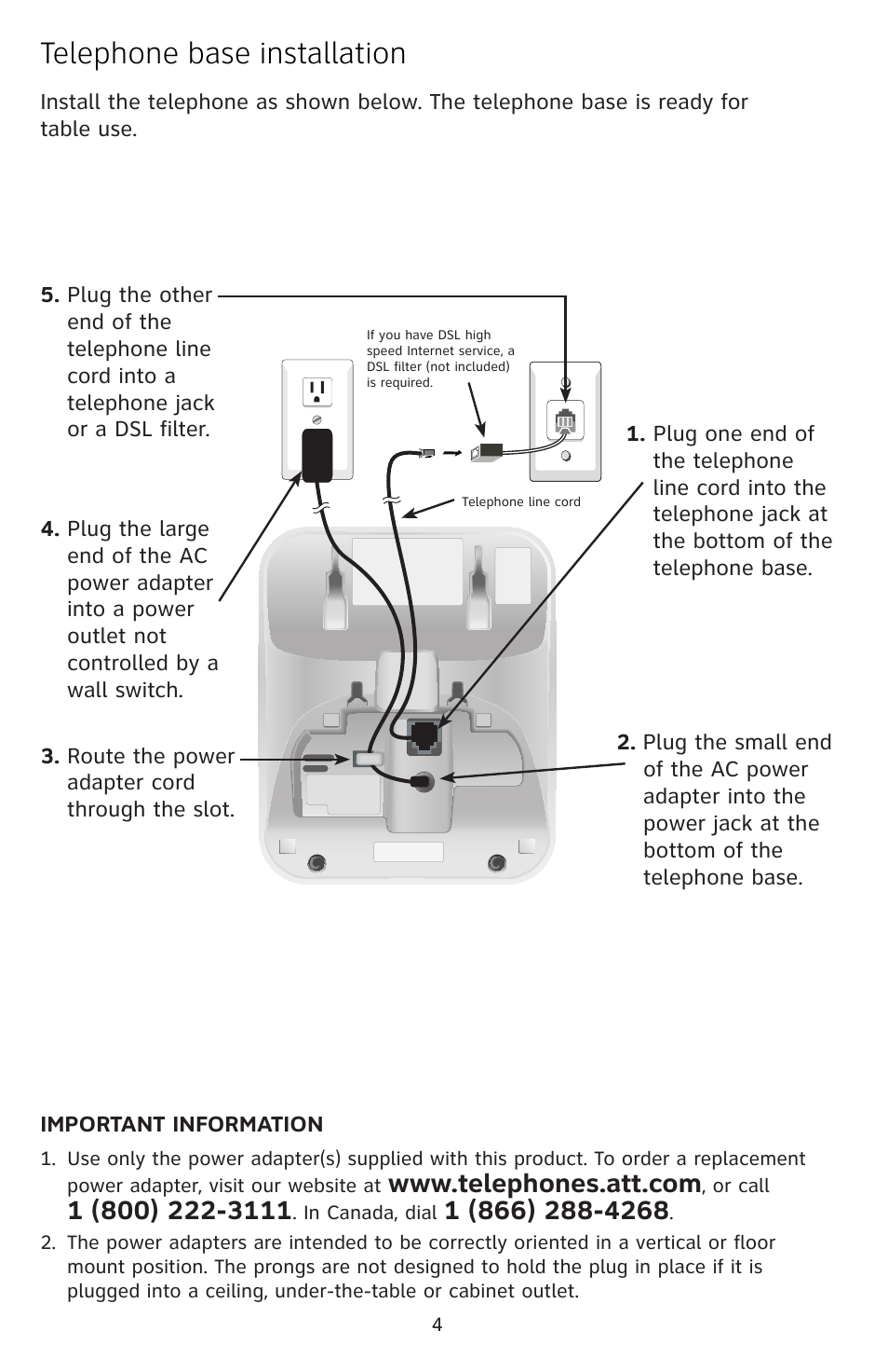 Telephone base installation | AT&T EL52109 User Manual | Page 5 / 8