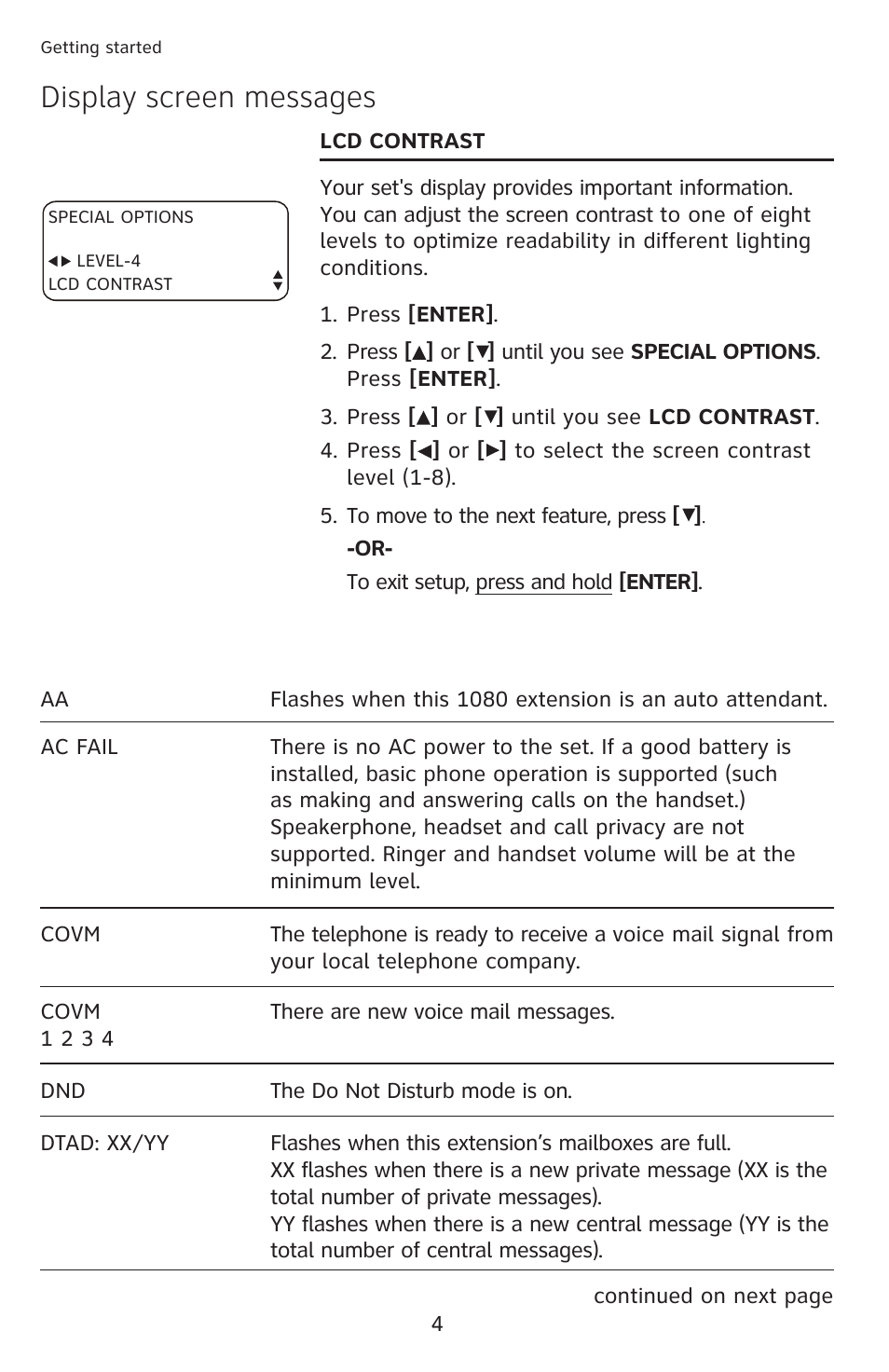 Display screen messages | AT&T 1080 Corded telephone User Manual | Page 11 / 30