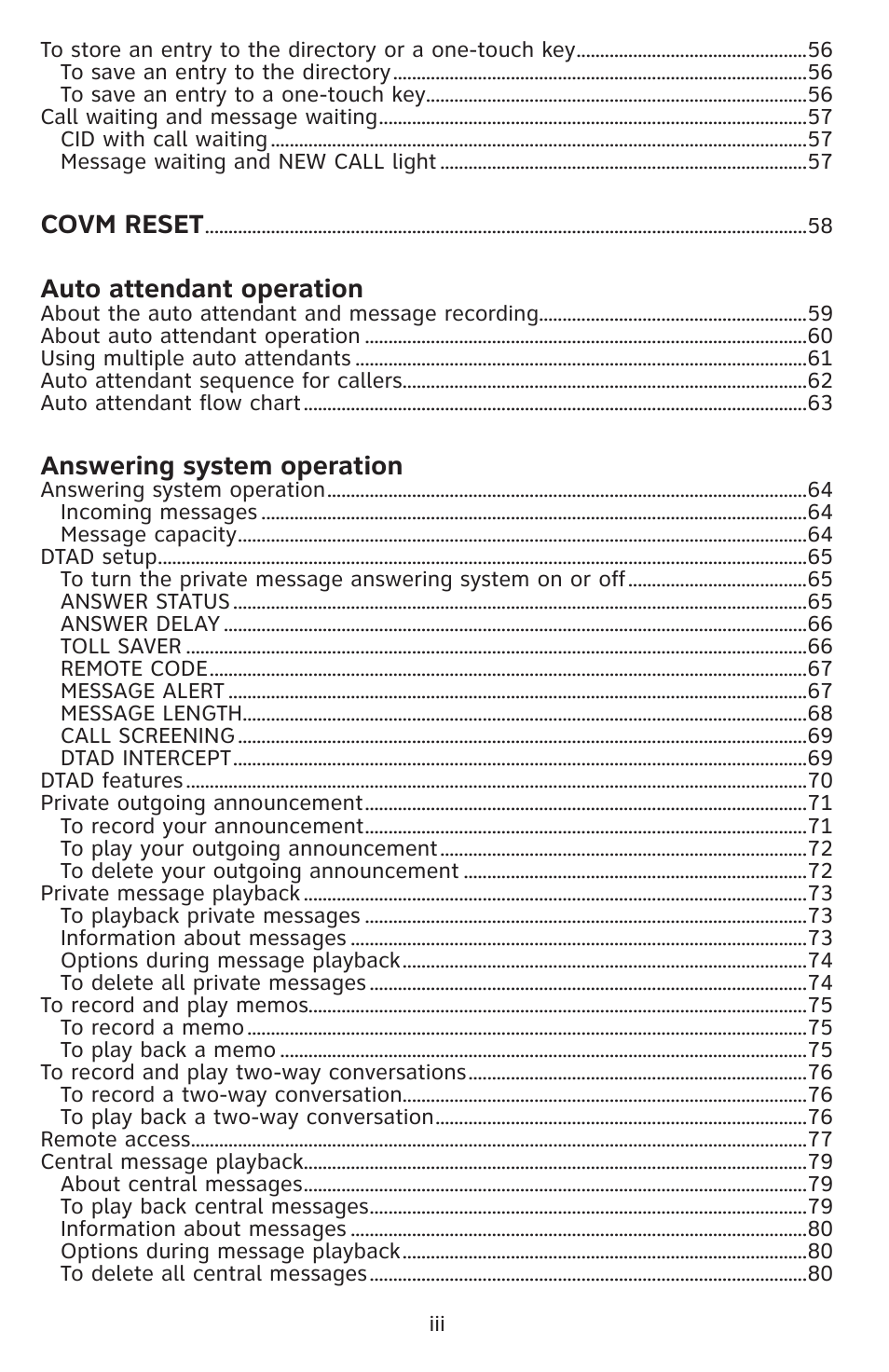 Covm reset, Auto attendant operation, Answering system operation | AT&T 1080 Corded telephone User Manual | Page 6 / 30