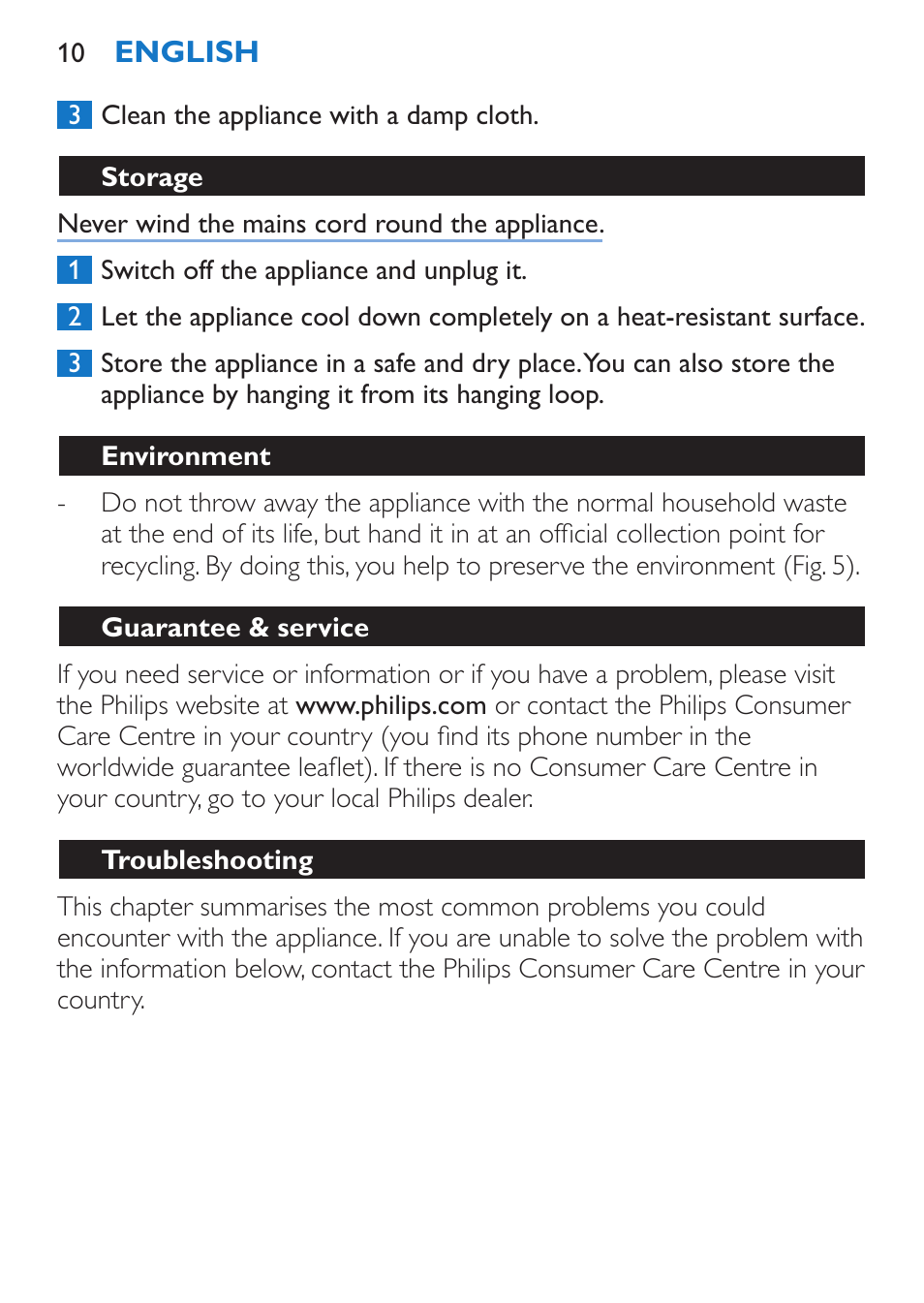 Storage, Environment, Guarantee & service | Troubleshooting | Philips SalonStraight Control + Lisseur User Manual | Page 10 / 84