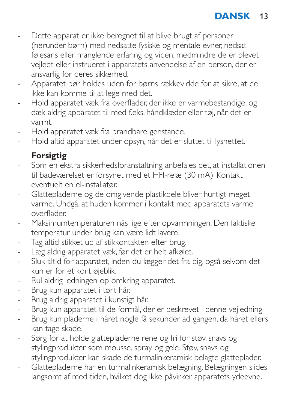 Forsigtig | Philips SalonStraight Control + Lisseur User Manual | Page 13 / 84