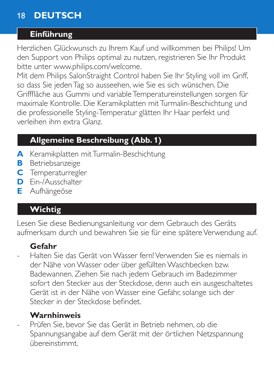 Gefahr, Warnhinweis, Deutsch | Einführung, Allgemeine beschreibung (abb. 1), Wichtig | Philips SalonStraight Control + Lisseur User Manual | Page 18 / 84
