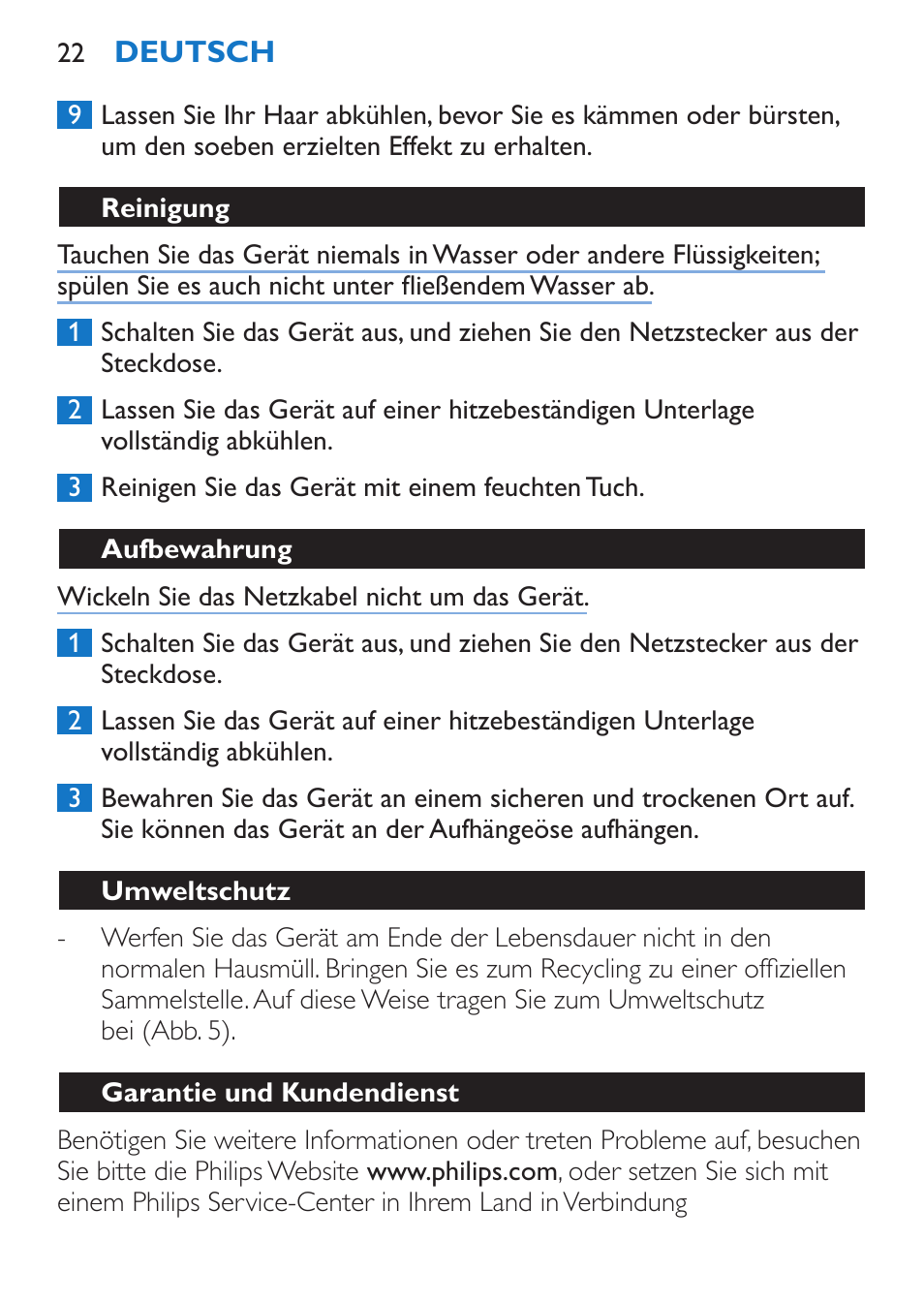 Reinigung, Aufbewahrung, Umweltschutz | Garantie und kundendienst | Philips SalonStraight Control + Lisseur User Manual | Page 22 / 84