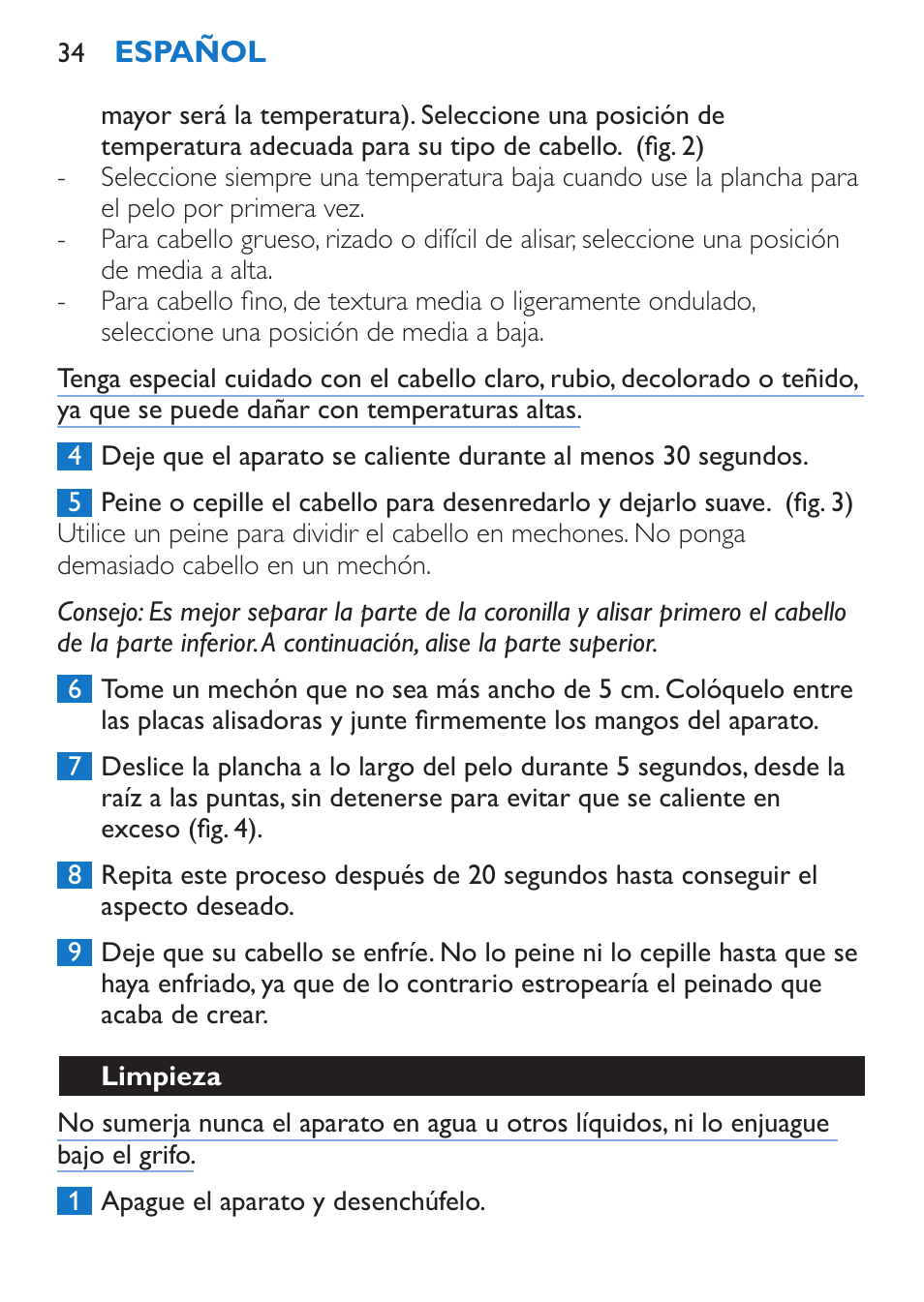 Limpieza | Philips SalonStraight Control + Lisseur User Manual | Page 34 / 84