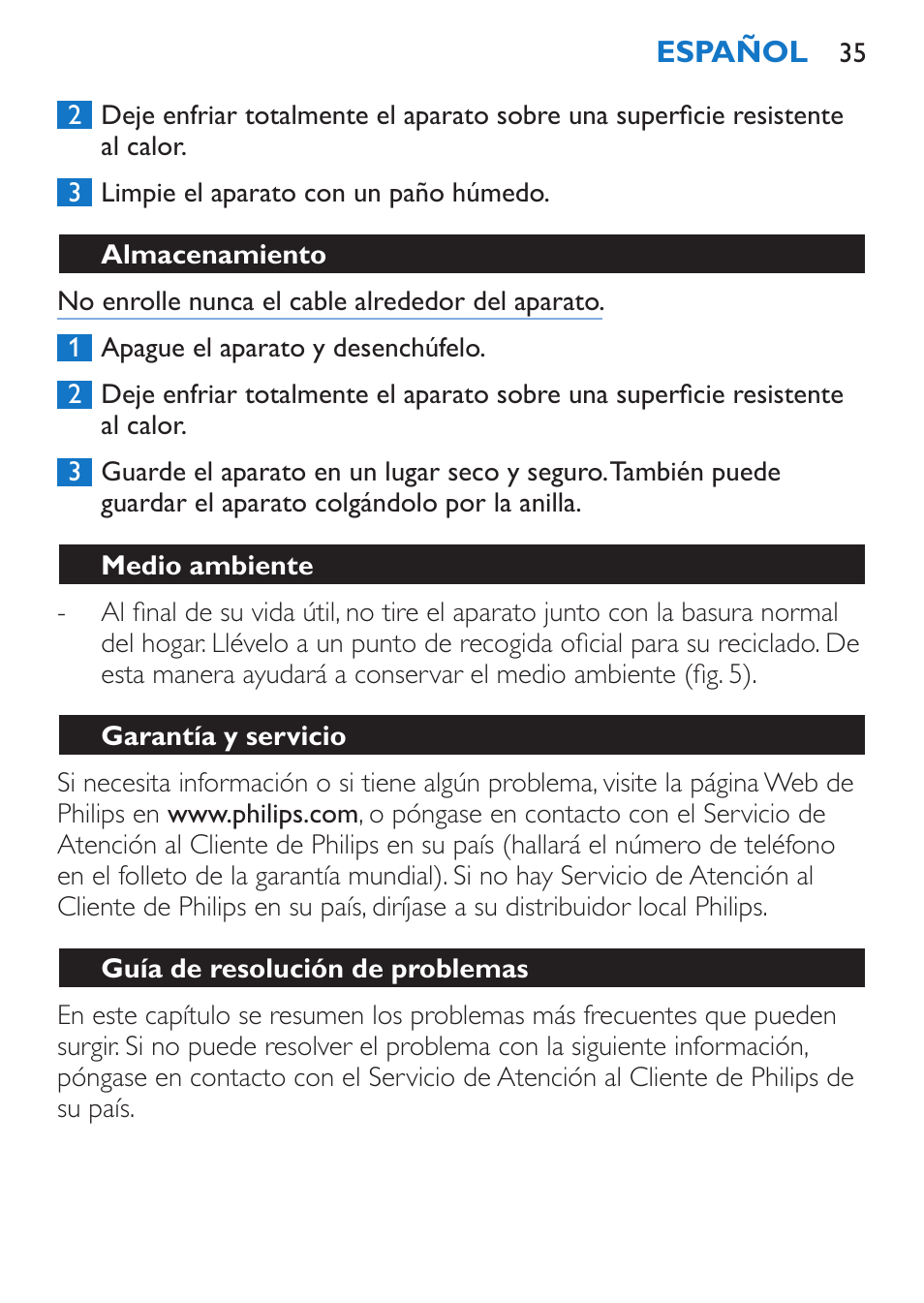 Almacenamiento, Medio ambiente, Garantía y servicio | Guía de resolución de problemas | Philips SalonStraight Control + Lisseur User Manual | Page 35 / 84