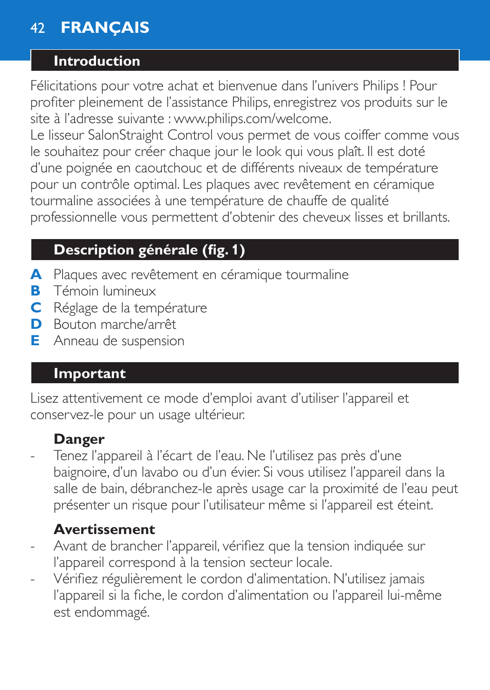 Danger, Avertissement, Français | Introduction, Description générale (fig. 1), Important | Philips SalonStraight Control + Lisseur User Manual | Page 42 / 84