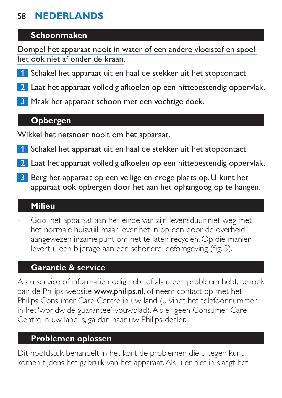 Schoonmaken, Opbergen, Milieu | Garantie & service, Problemen oplossen | Philips SalonStraight Control + Lisseur User Manual | Page 58 / 84