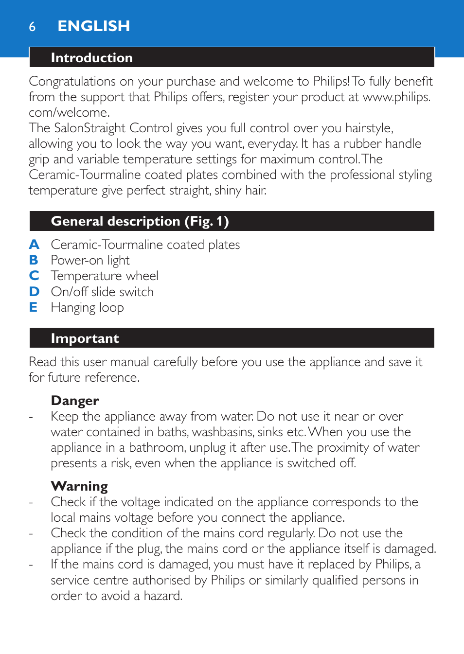 English, Introduction, General description (fig. 1) | Important, Danger, Warning | Philips SalonStraight Control + Lisseur User Manual | Page 6 / 84