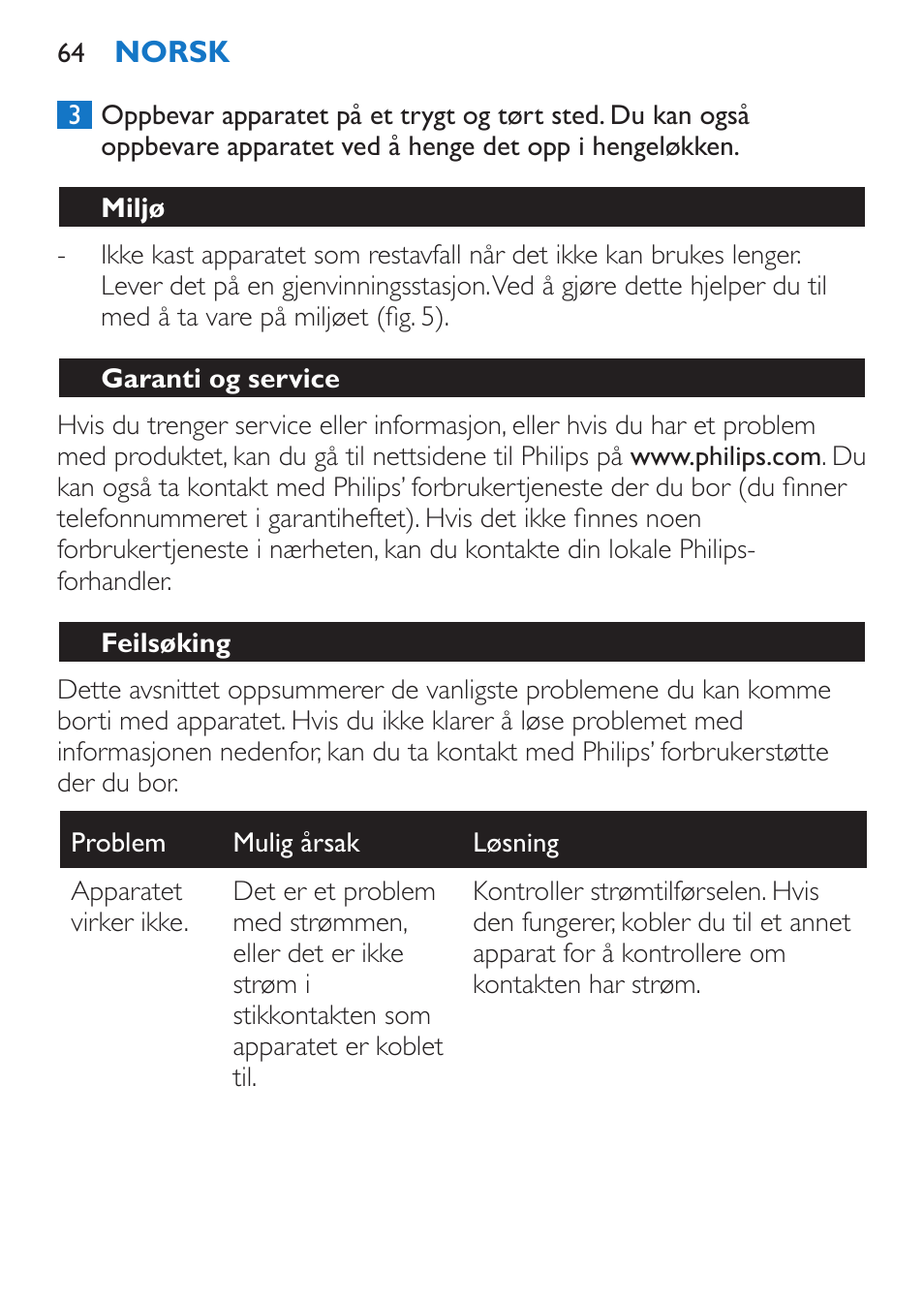 Miljø, Garanti og service, Feilsøking | Philips SalonStraight Control + Lisseur User Manual | Page 64 / 84