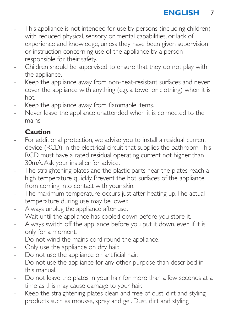 Caution | Philips SalonStraight Control + Lisseur User Manual | Page 7 / 84