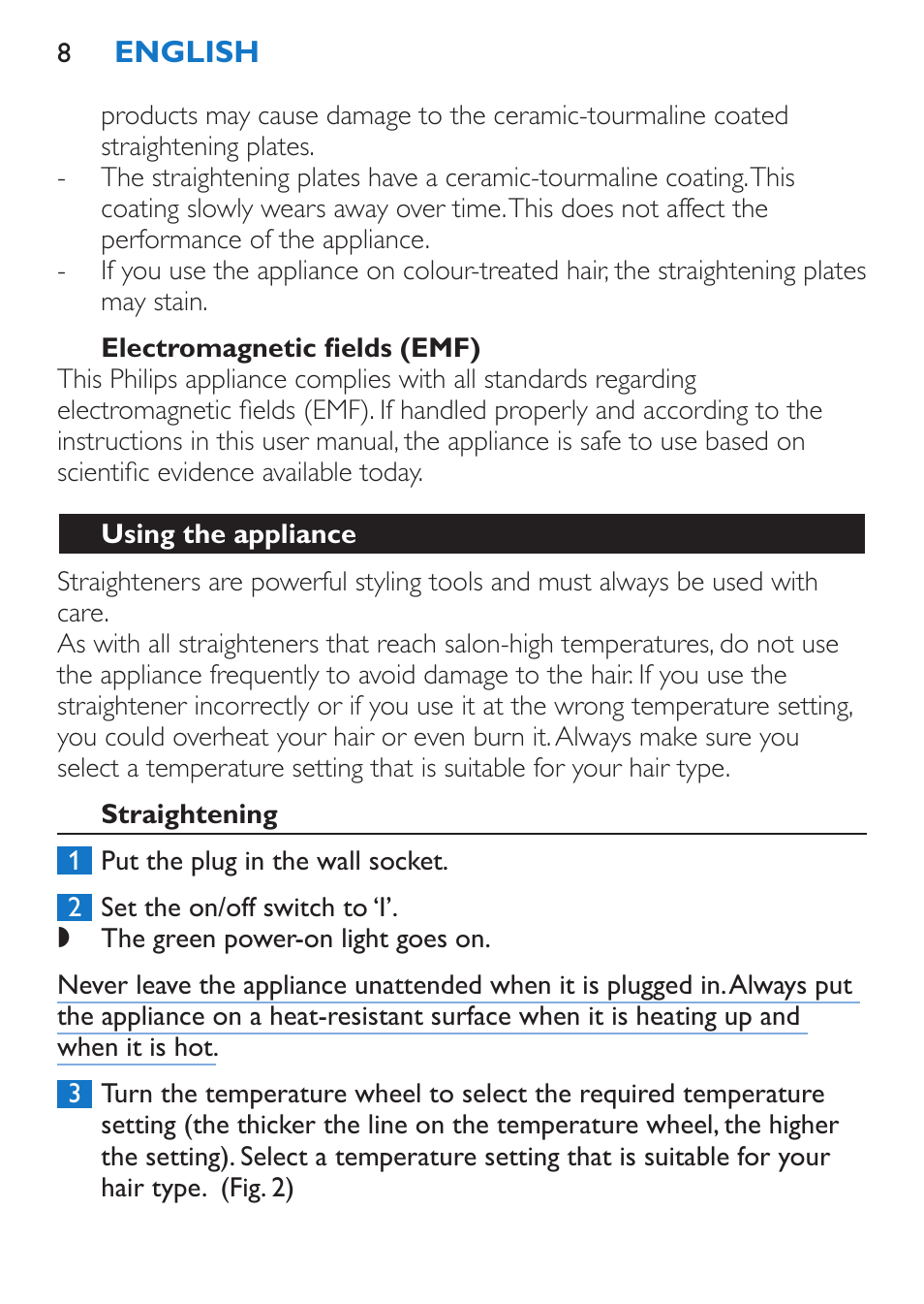 Electromagnetic fields (emf), Using the appliance, Straightening | Philips SalonStraight Control + Lisseur User Manual | Page 8 / 84