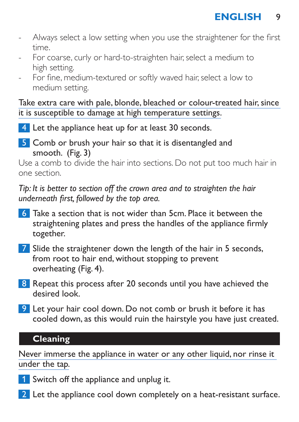 Cleaning | Philips SalonStraight Control + Lisseur User Manual | Page 9 / 84