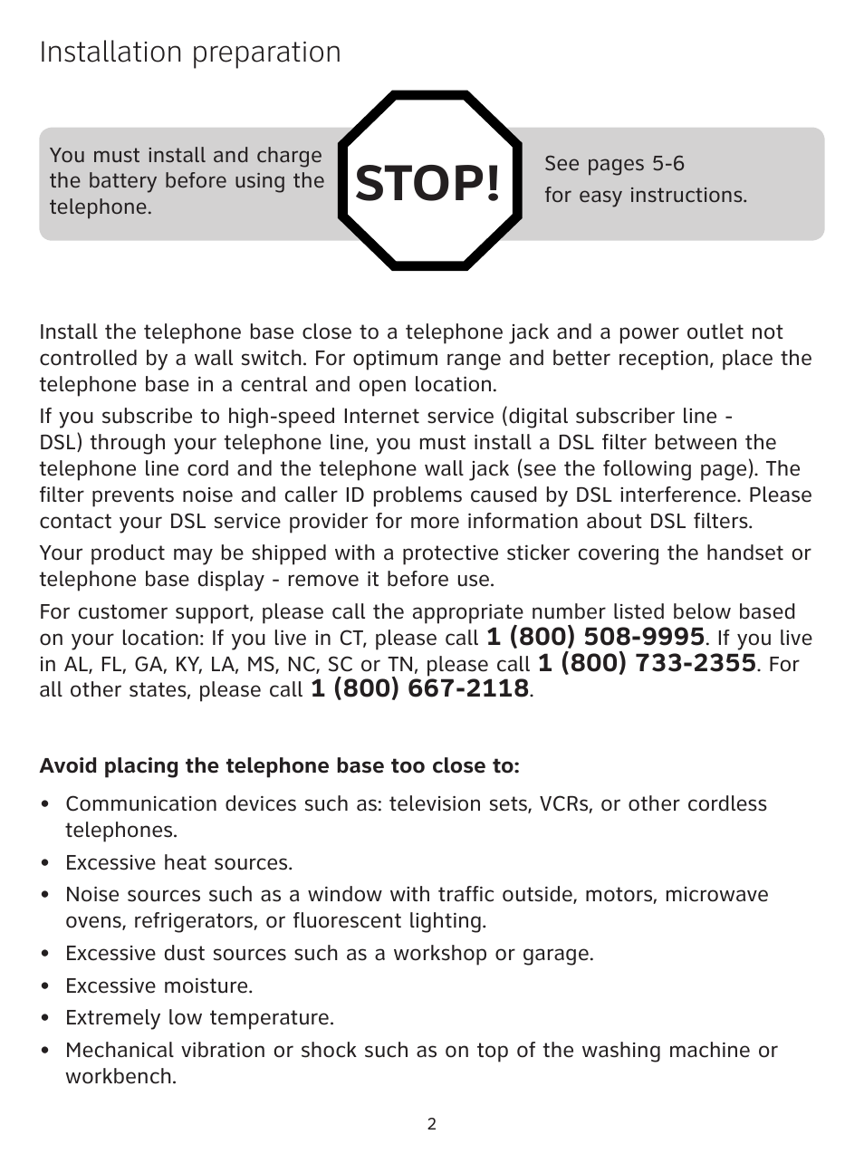 Stop, Installation preparation | AT&T DECT AT3211-2 User Manual | Page 2 / 10