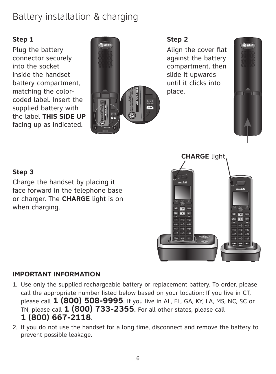 Battery installation & charging | AT&T DECT AT3211-2 User Manual | Page 6 / 10