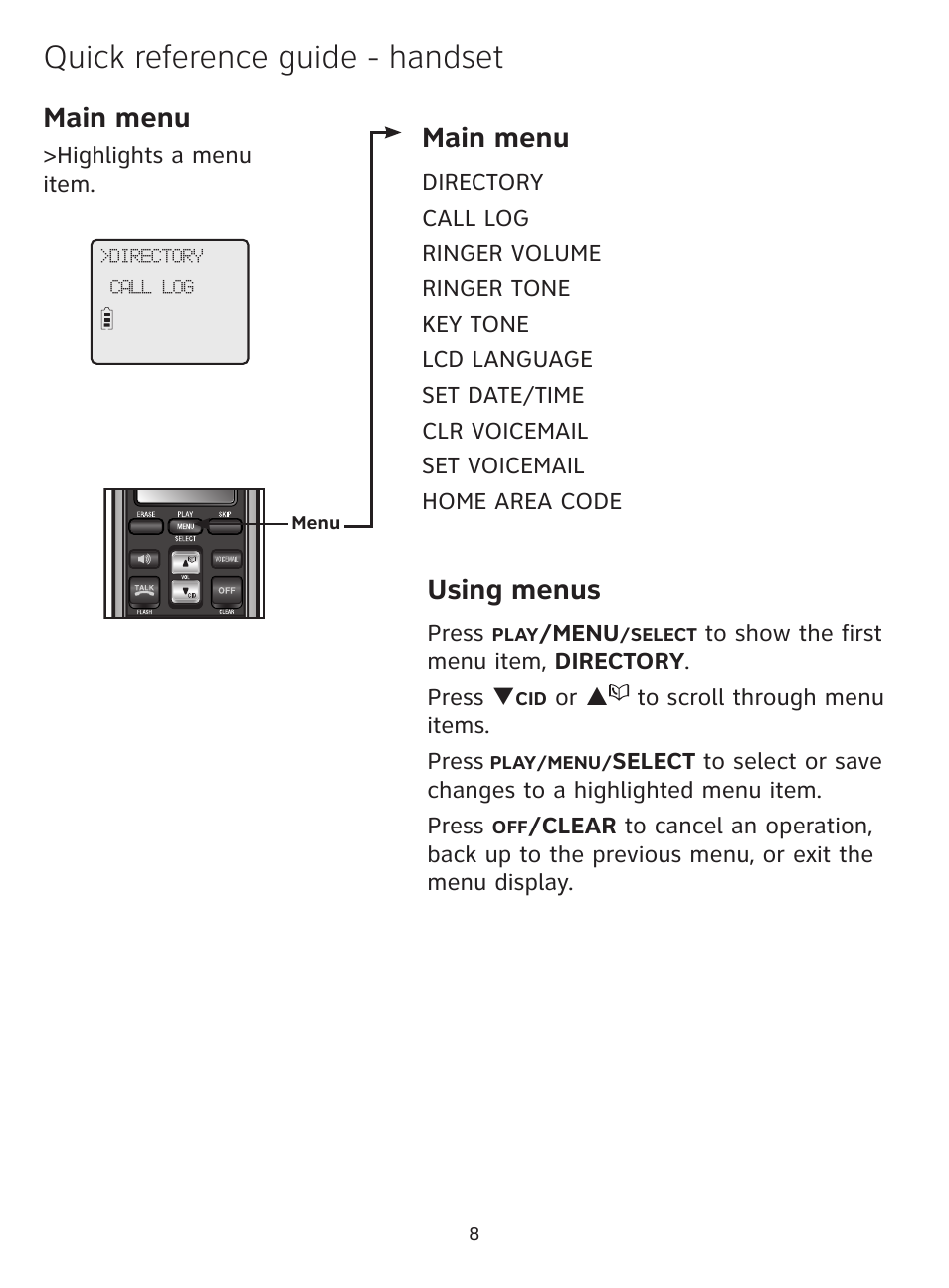 Quick reference guide - handset, Main menu, Using menus | AT&T DECT AT3211-2 User Manual | Page 8 / 10