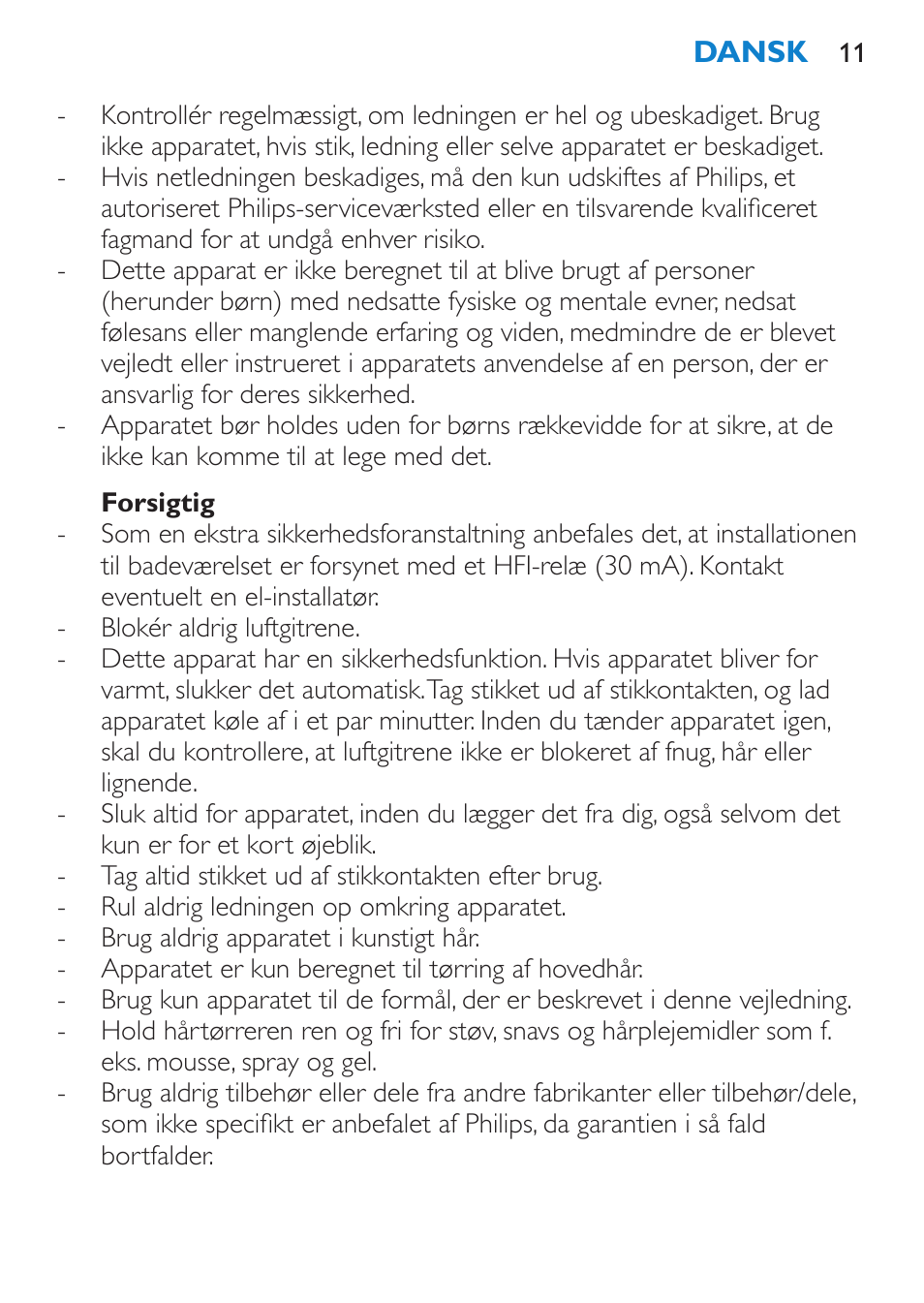 Forsigtig | Philips Sèche-cheveux User Manual | Page 11 / 62