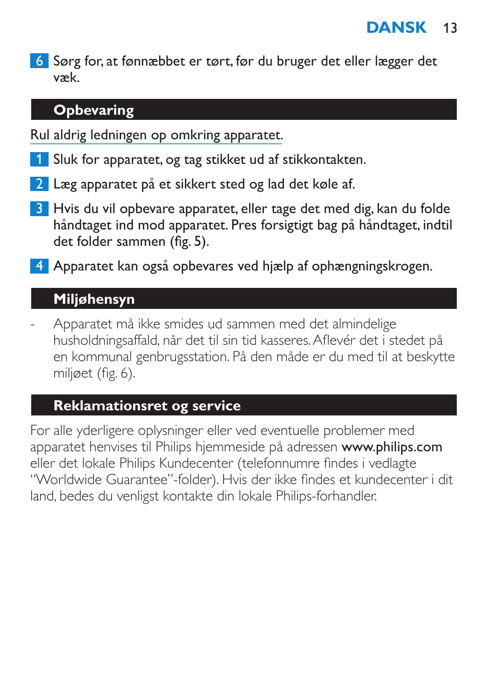 Opbevaring, Miljøhensyn, Reklamationsret og service | Philips Sèche-cheveux User Manual | Page 13 / 62