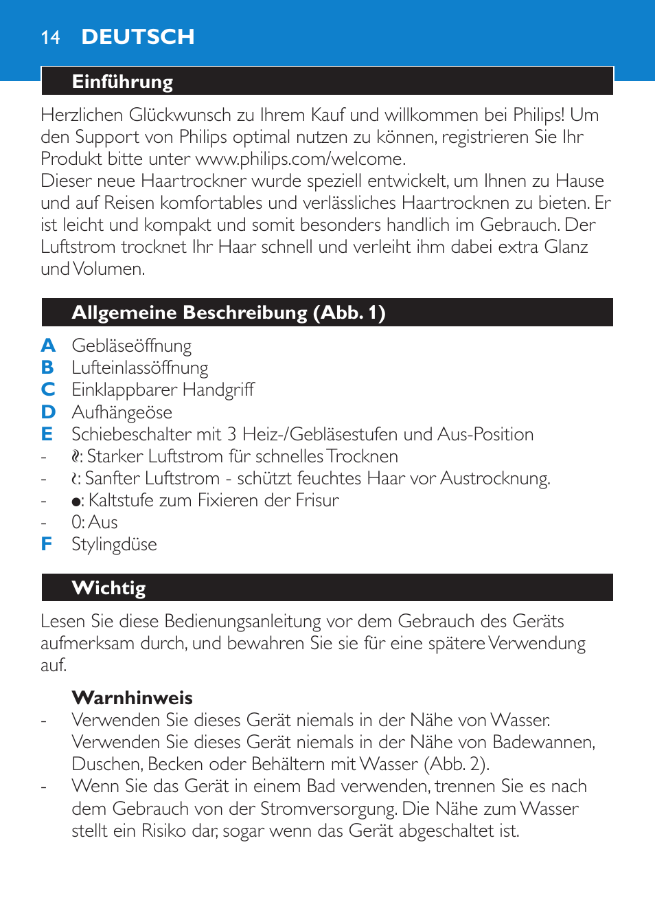 Warnhinweis, Deutsch, Einführung | Allgemeine beschreibung (abb. 1), Wichtig | Philips Sèche-cheveux User Manual | Page 14 / 62