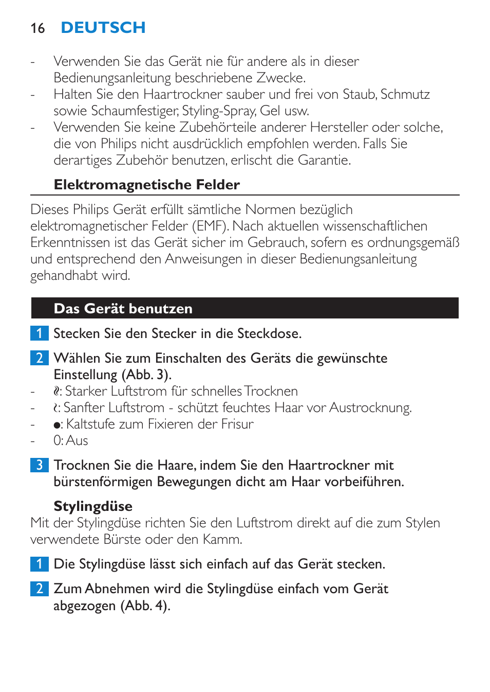 Elektromagnetische felder, Stylingdüse, Das gerät benutzen | Philips Sèche-cheveux User Manual | Page 16 / 62