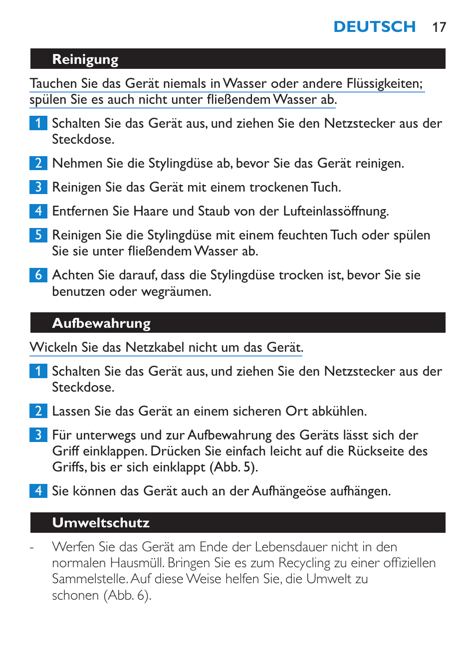 Reinigung, Aufbewahrung, Umweltschutz | Philips Sèche-cheveux User Manual | Page 17 / 62