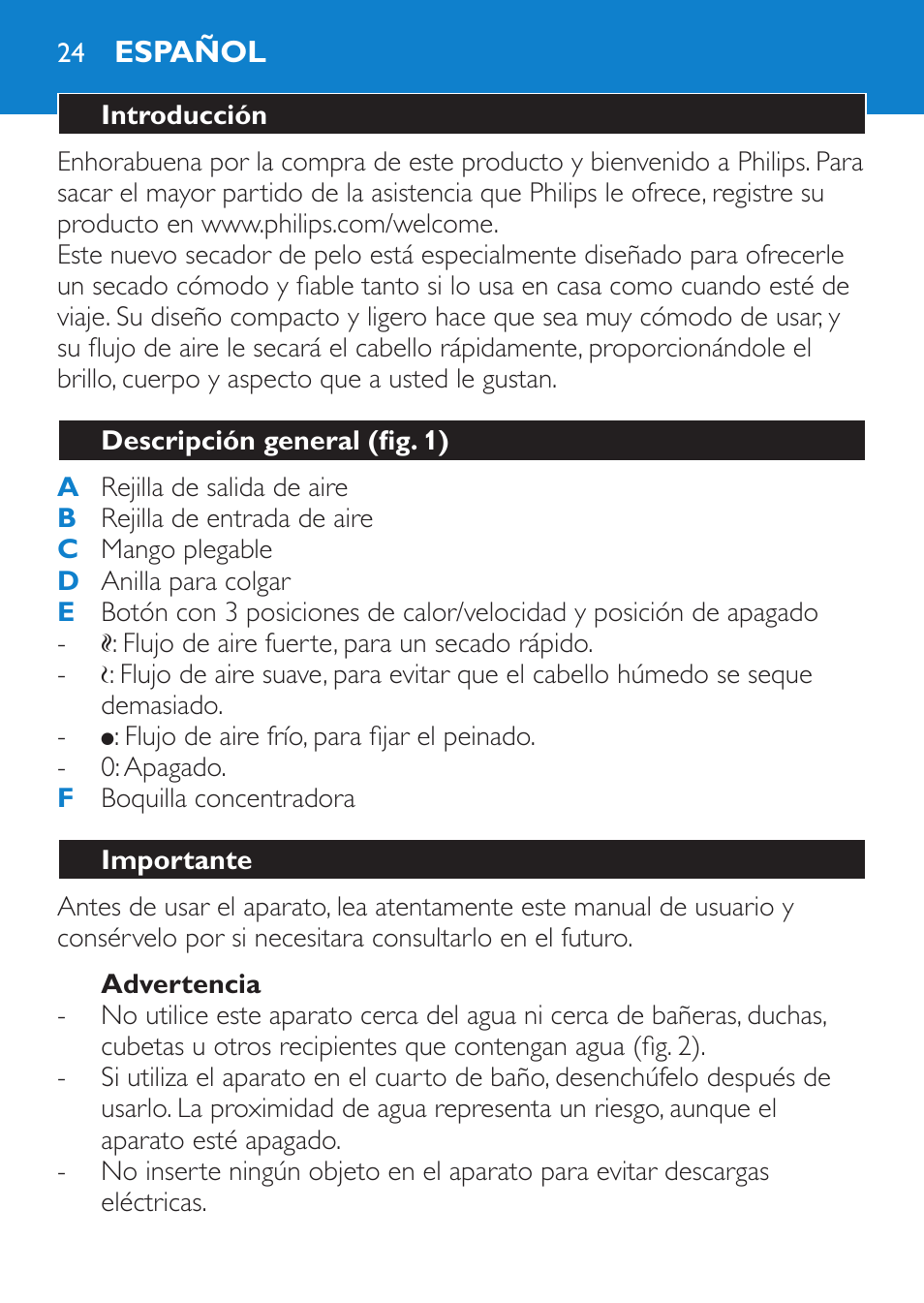 Advertencia, Español, Introducción | Descripción general (fig. 1), Importante | Philips Sèche-cheveux User Manual | Page 24 / 62