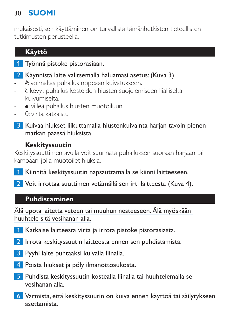 Keskityssuutin, Käyttö, Puhdistaminen | Philips Sèche-cheveux User Manual | Page 30 / 62