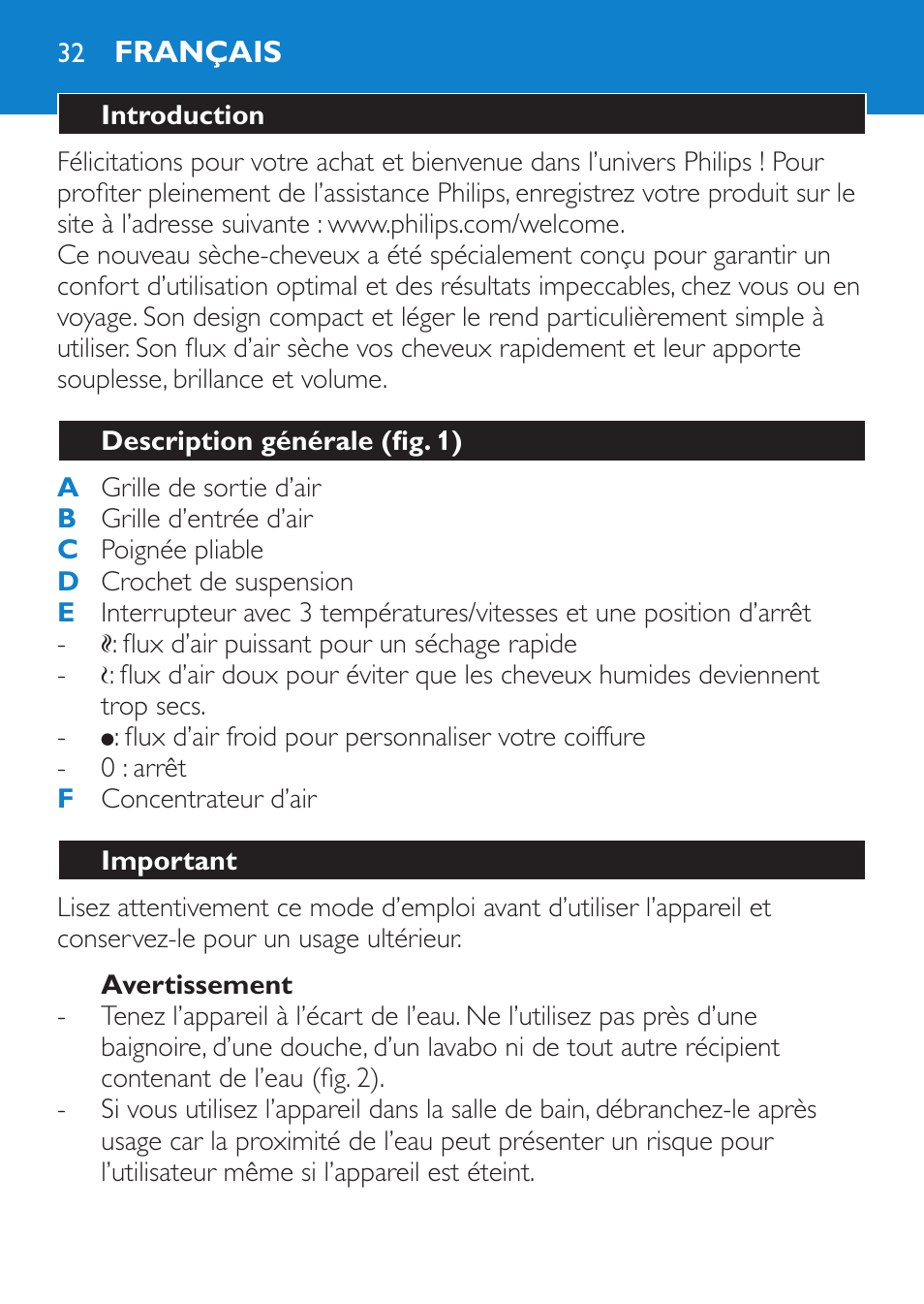 Avertissement, Français, Introduction | Description générale (fig. 1), Important | Philips Sèche-cheveux User Manual | Page 32 / 62