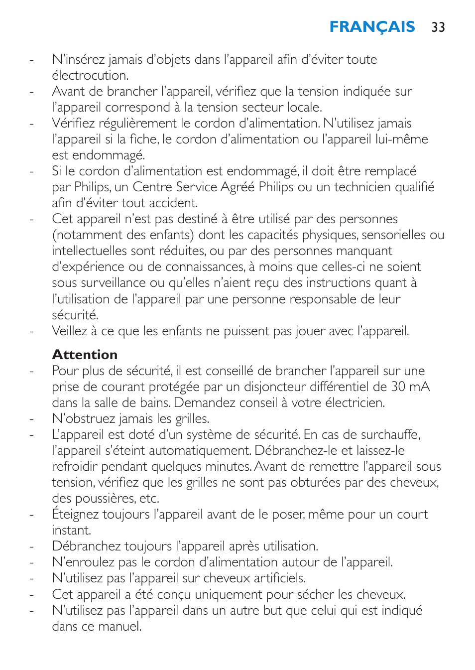 Attention | Philips Sèche-cheveux User Manual | Page 33 / 62