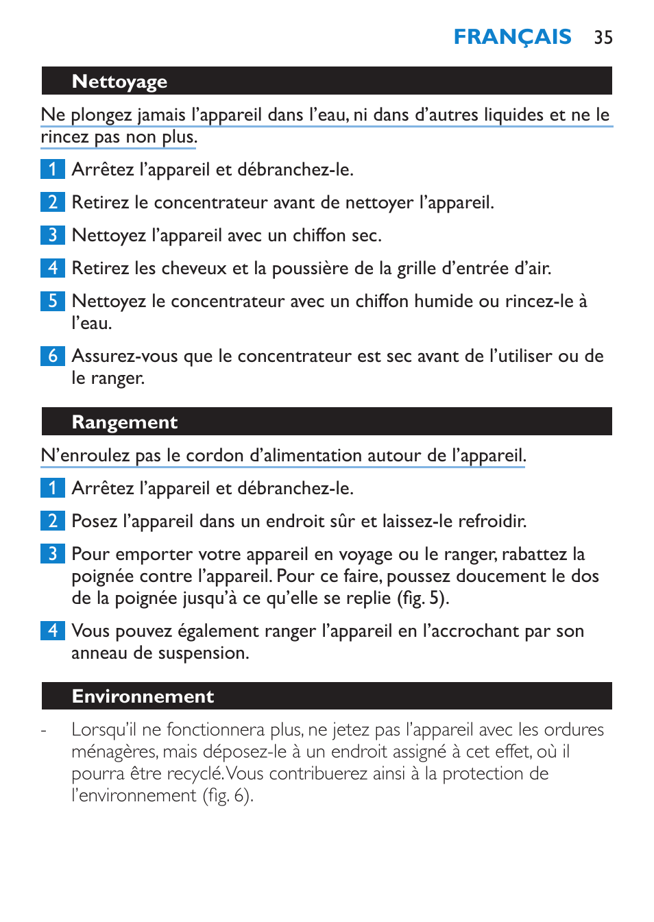 Nettoyage, Rangement, Environnement | Philips Sèche-cheveux User Manual | Page 35 / 62