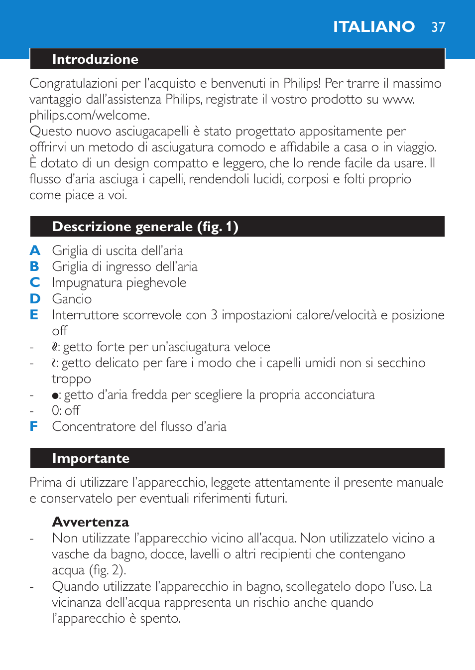 Avvertenza, Italiano, Introduzione | Descrizione generale (fig. 1), Importante | Philips Sèche-cheveux User Manual | Page 37 / 62