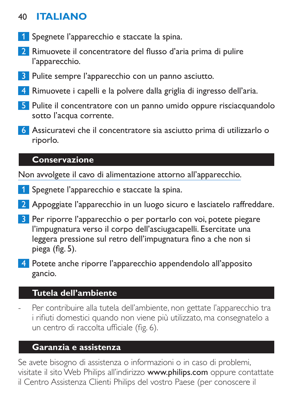 Conservazione, Tutela dell’ambiente, Garanzia e assistenza | Philips Sèche-cheveux User Manual | Page 40 / 62