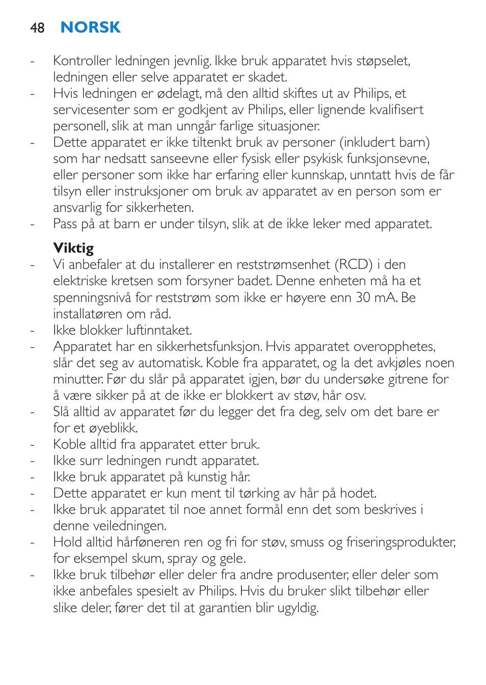 Viktig | Philips Sèche-cheveux User Manual | Page 48 / 62