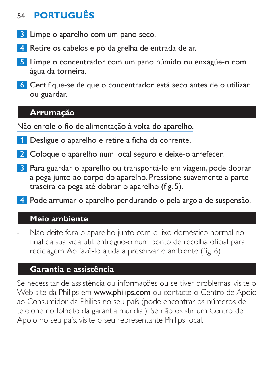 Arrumação, Meio ambiente, Garantia e assistência | Philips Sèche-cheveux User Manual | Page 54 / 62