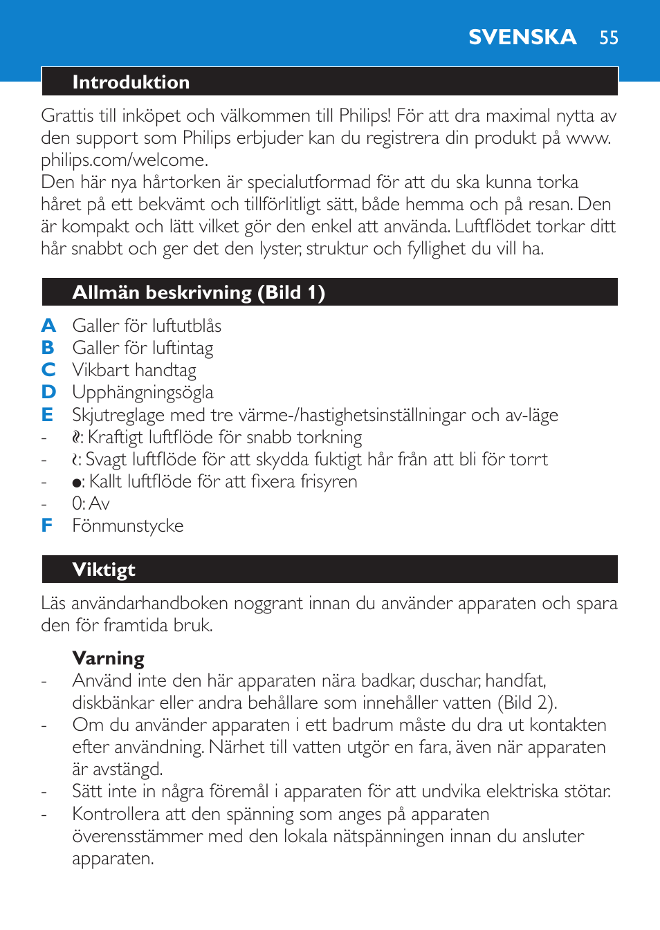 Varning, Svenska, Introduktion | Allmän beskrivning (bild 1), Viktigt | Philips Sèche-cheveux User Manual | Page 55 / 62